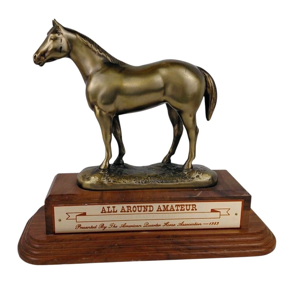 Vtg AQHA Grand Champion Stallion Horse Trophy Statue Brass With Wood Base
